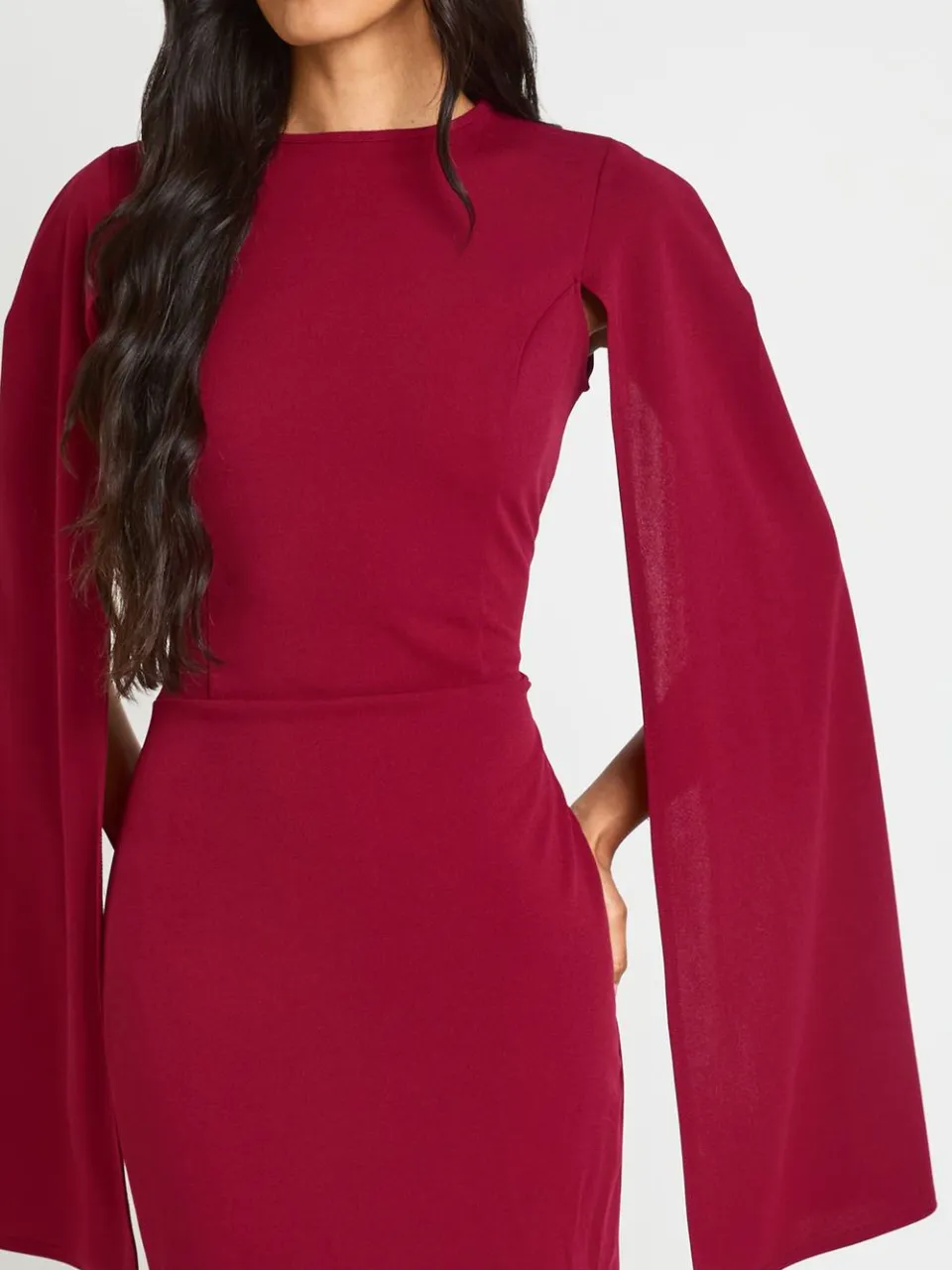 boohoo Dames Lange Midi Bodycon Jurk Met Cape Mouwen bordeaux rood, foto 4