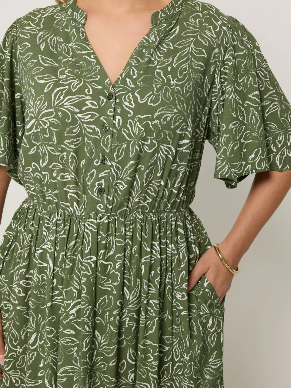 Yours Kaki Groene Midijurk Met Bloemenprint-60, foto 4