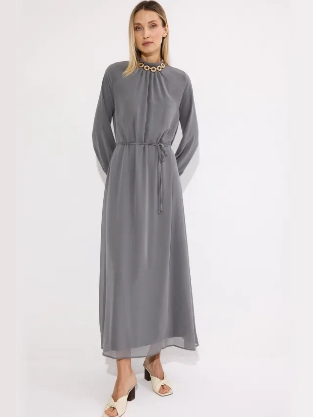 TOUCHÉ PRIVÉ Hooggesloten chiffon jurk - Antraciet - Dames