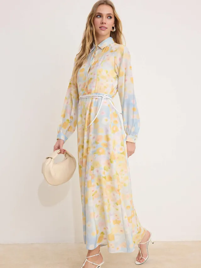 Turkishsouq Marineblauwe maxi-jurk met bloemenprint voor dames, lange casual/dagelijkse A-lijn jurk met hijab