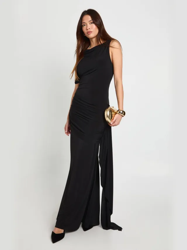 boohoo Dames Asymmetrische Maxi Jurk met Trim Details zwart