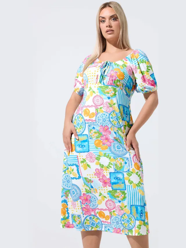 Limited Collection Witte Jurk Met Postcardprint White