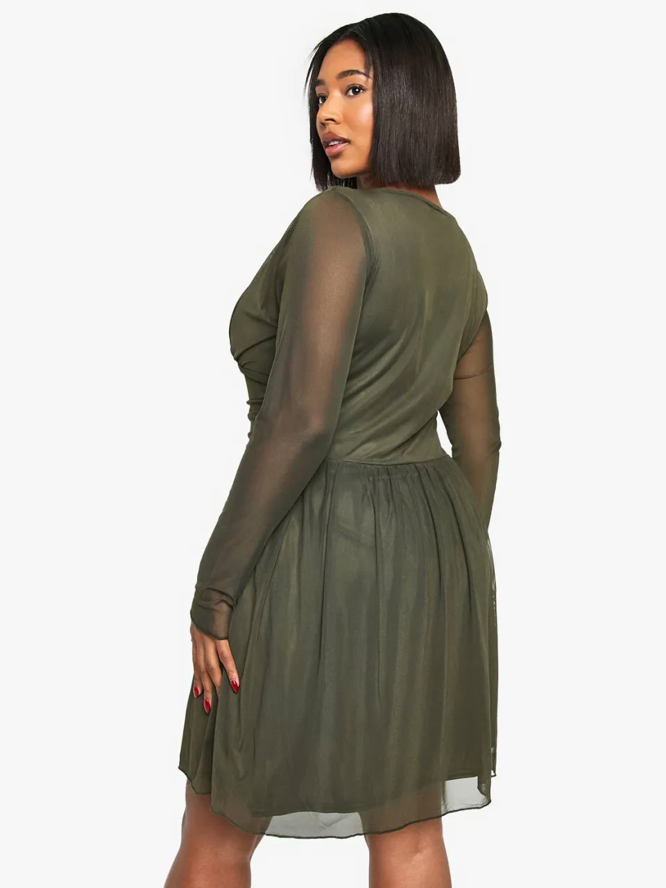 boohoo Dames Plus Plunge Corset Detail Lange Mouw Skaterjurk kaki, foto 2