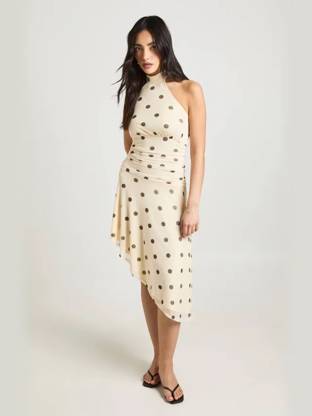 boohoo Dames Polkadot Mesh Halternek Jurk Met Gecinchte Taille En Asymmetrische Zoom Citroen