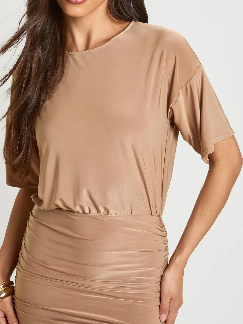 boohoo Dames Super Zachte Maxi Jurk Met Gerimpelde Taille En Uitlopende Mouwen zand, foto 2