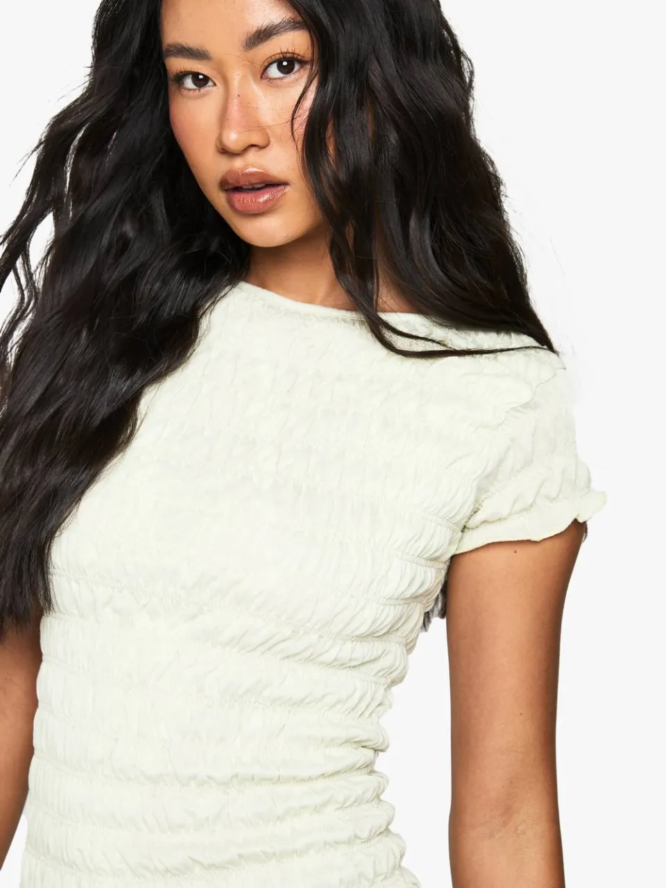 boohoo Dames Gerimpelde mini-jurk met cap-mouwen citroen, foto 4