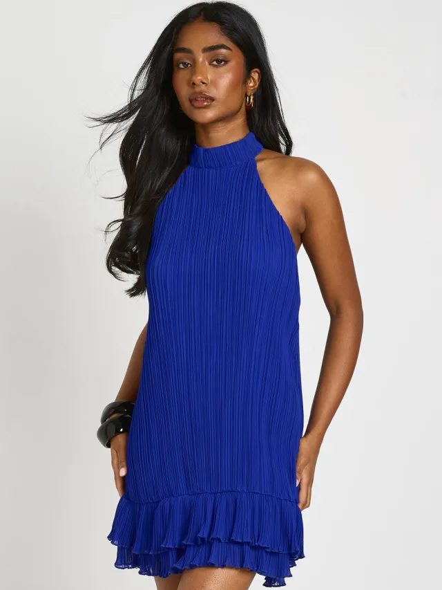 boohoo Dames Plisse Mini-jurk Met Dubbele Ruches Kobaltblauw