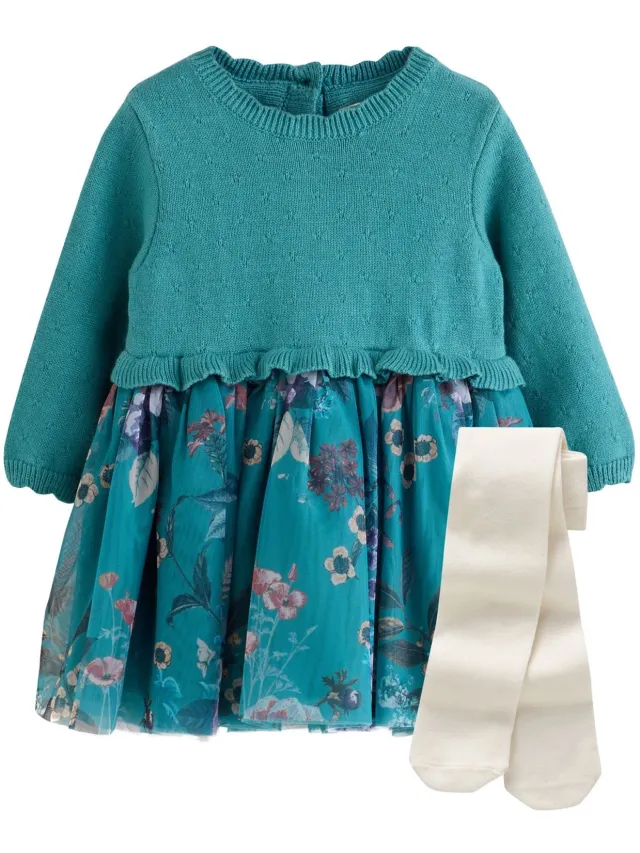 Next Meisjes - 2-delige gebreide babyset van jurk met mesh en maillot - Groen Teal Floral