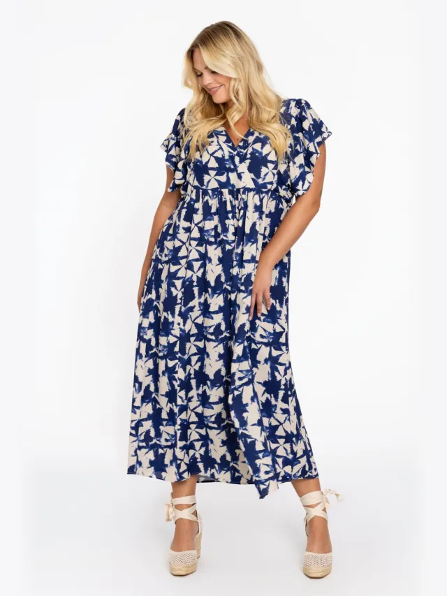 Yoek Lange jurk met ruches TESSA | Blauw