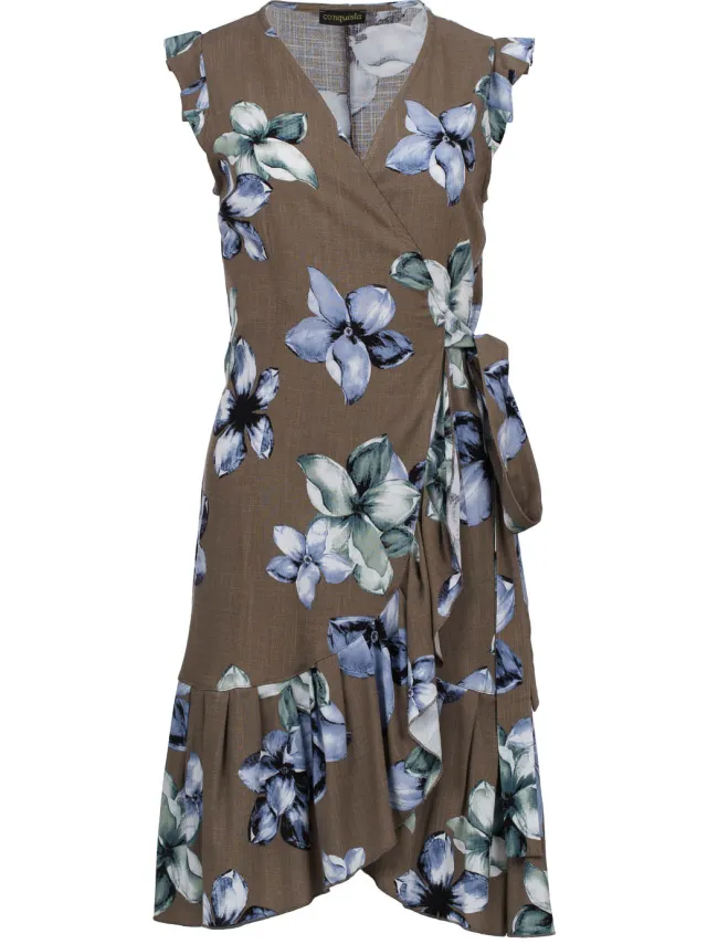 Conquista Bloemen Wikkeljurk met Ruches aan de Zoom - Linnenstijl Viscose Bruin