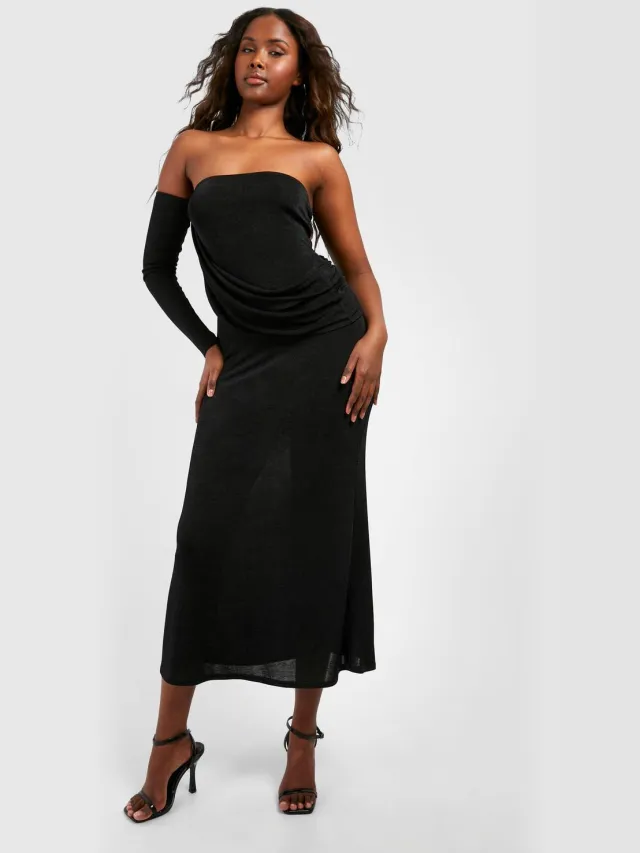 boohoo Dames Wrap Ruched Acetaat Slinky Maxi Jurk zwart