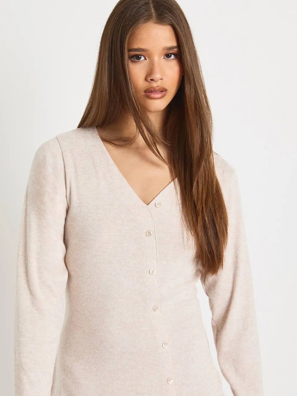 boohoo Dames Mini jurk met knoopsluiting en asymmetrische snit havermout, foto 4