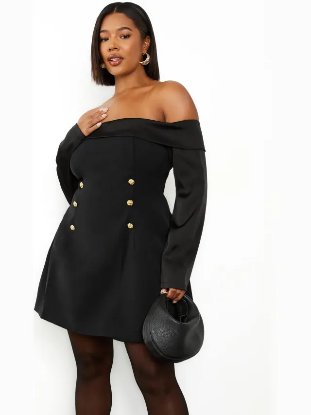 boohoo Dames Plus Gouden Knoop Bardot Skaterjurk Zwart