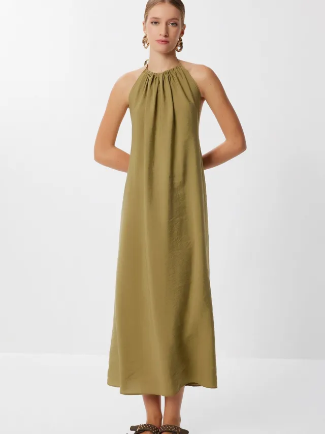 Happiness Istanbul Halterneck Drape Midi-jurk Olijfgroen