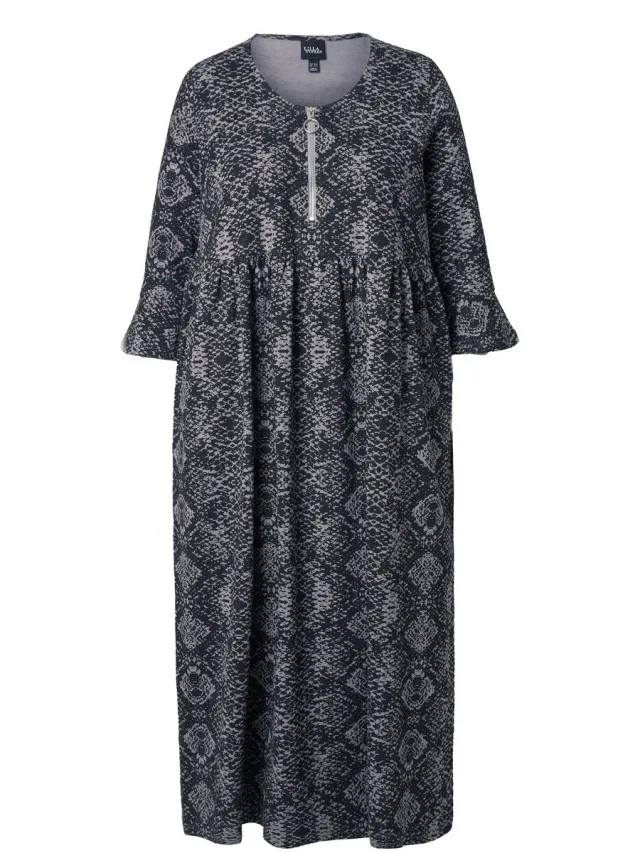 Ulla Popken Dames - Jersey maxi-jurk slangenpatroon 3/4-mouwen - Grafietgrijs - Maat 42+