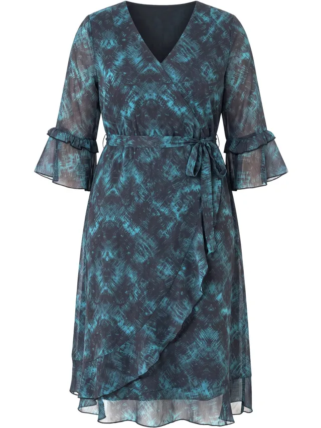 MIAMODA Dames - Chiffonjurk A-lijn wikkelmodel midi-lengte volants - Turquoise groen