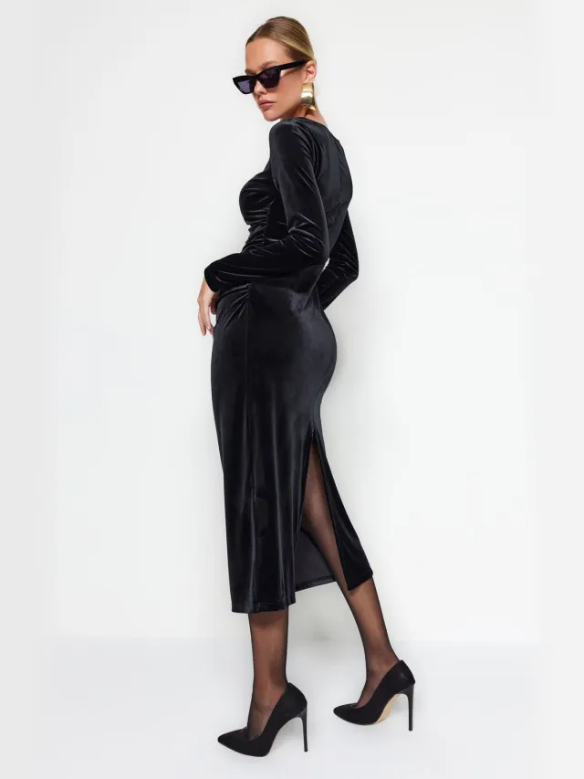 Trendyol TRENDYOLMİLLA Dames Zwart Effen Midi Lang Avond / Dagelijks Bodycon Jurken