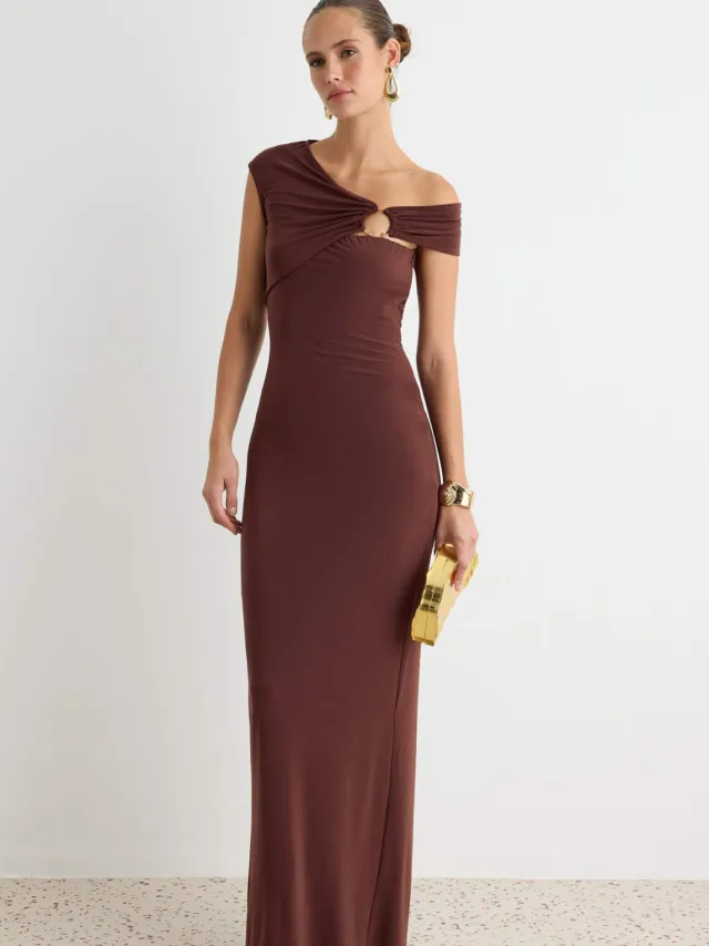 Trendyol TRENDYOLMİLLA Dames Bruin Effen Maxi Mouwloos Stijlvol/Avond Recht Avond & Gala Jurk