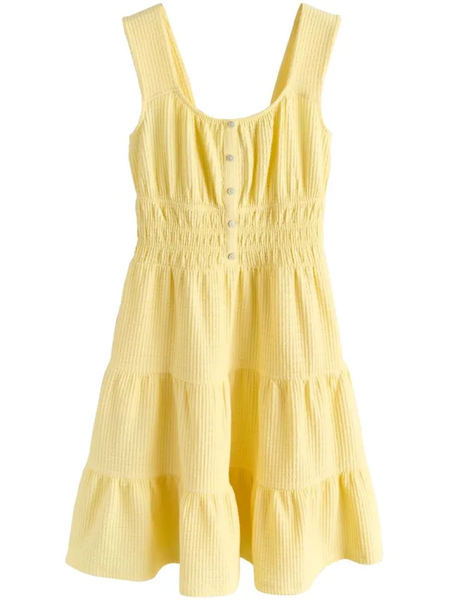 Next Dames - Mouwloze mini-jurk van gestructureerde jersey, petite - Petite - Geel Yellow