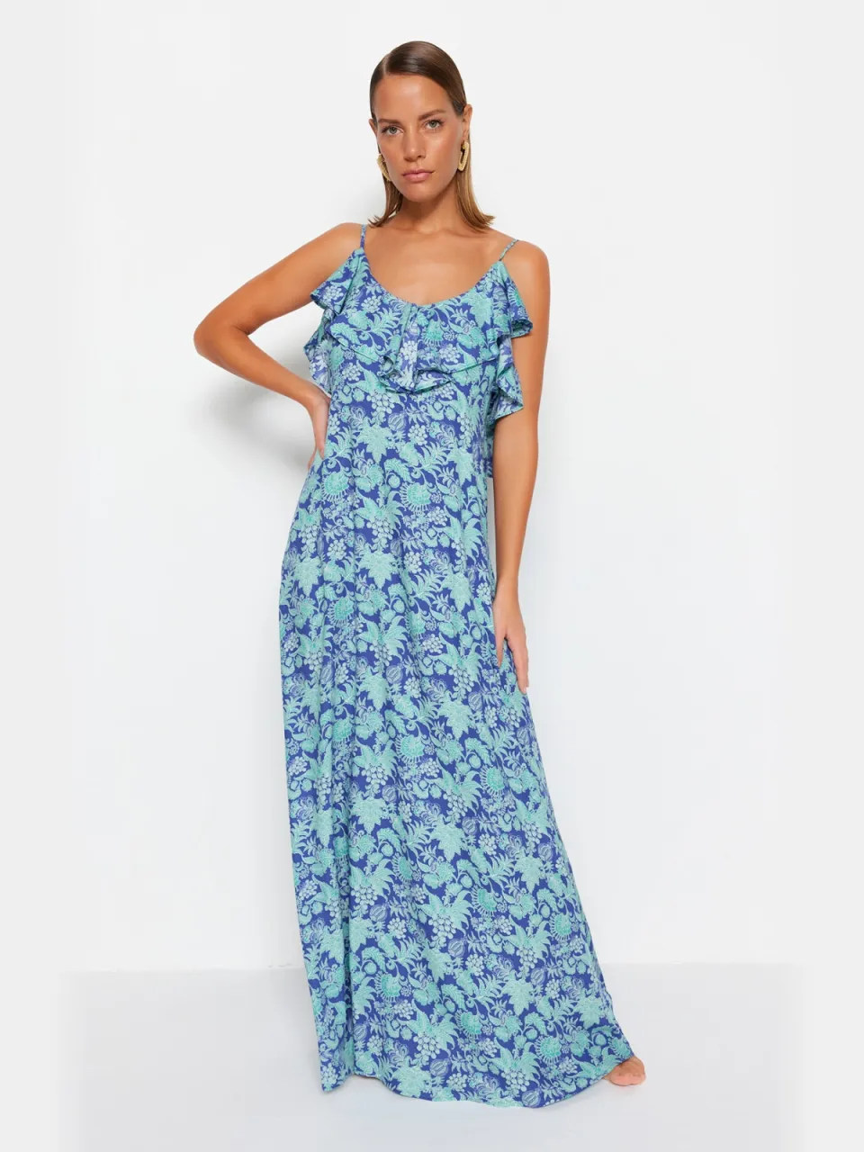 Trendyol TRENDYOLMİLLA Dames Groen Bloemen Maxi Mouwloos Strandkleding Recht Strandjurken