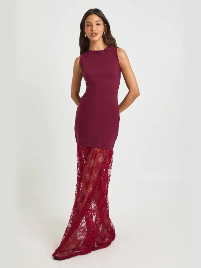 boohoo Dames Kanten Zoom Mouwloze Maxi Jurk Merlot
