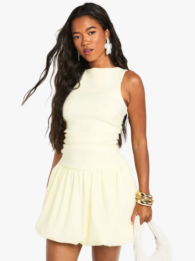 boohoo Dames Getailleerde mini-jurk met slash-hals en puffball Citroen