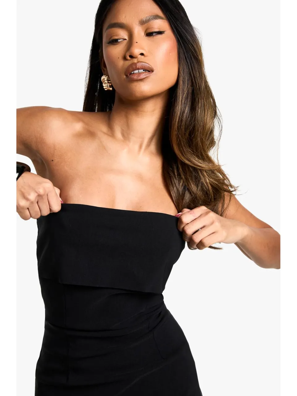 boohoo Dames Bengaline omgevouwen bandeau getailleerde minijurk zwart, foto 4