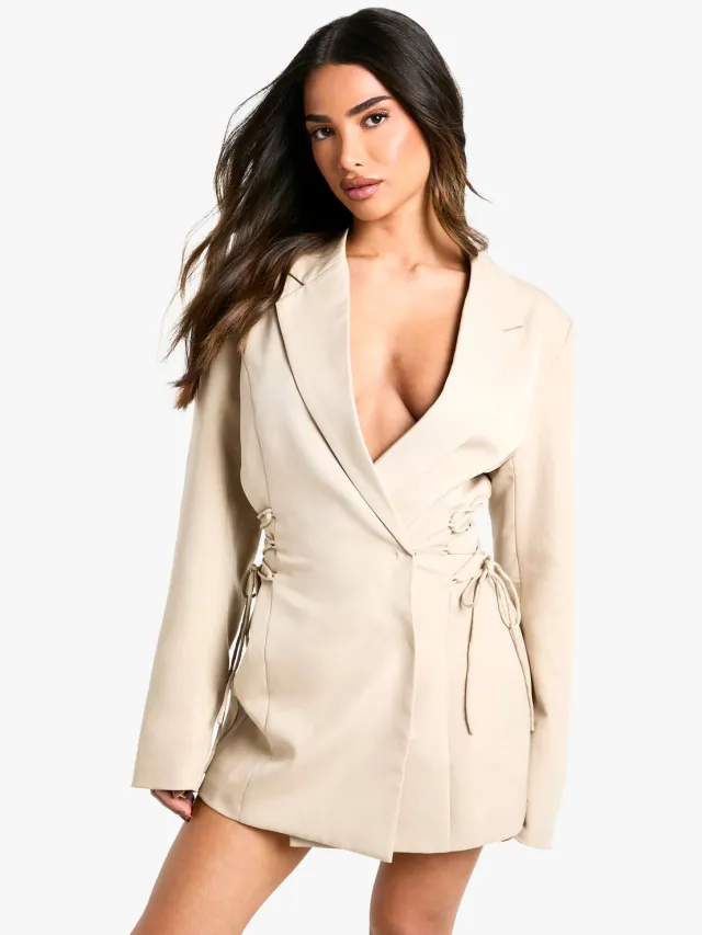 boohoo Dames Petite Blazerjurk met veterbesluiting aan de zijkant Taupe