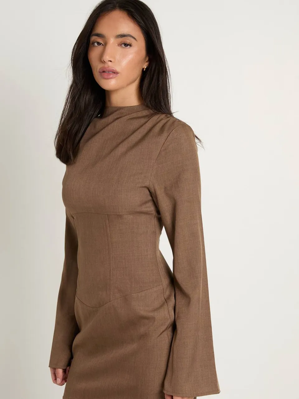 boohoo Dames Corset Paneel Hoge Hals Getailleerde Mini Jurk bruin, foto 2