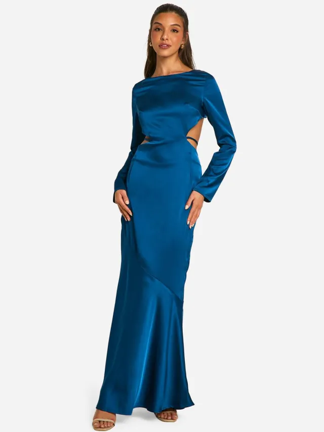 boohoo Dames Satijn Tie Back Maxi Jurk Marineblauw