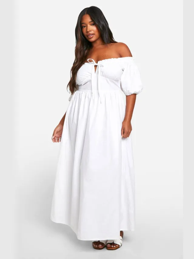 boohoo Dames Plus Puff Mouwen Midaxi Jurk Wit