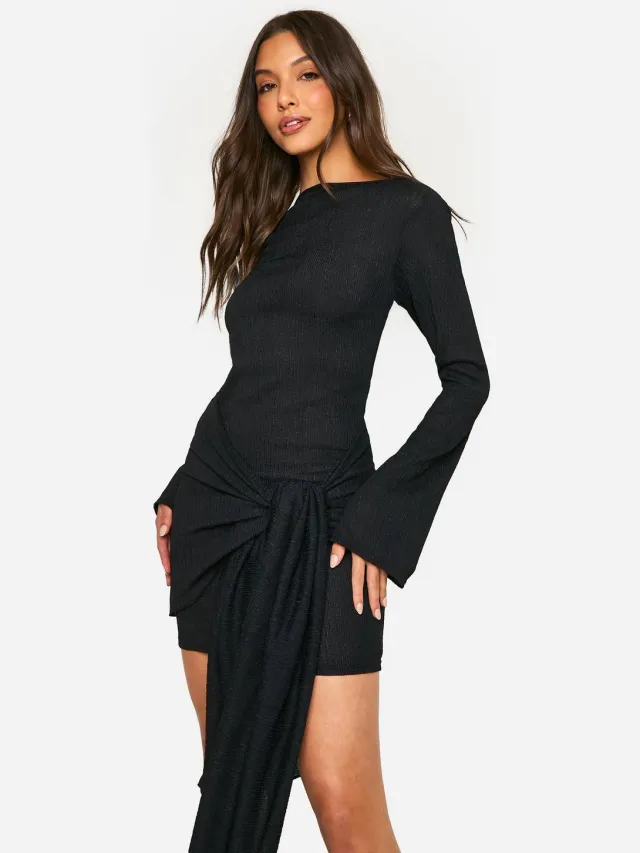 boohoo Dames Textuur Wrap Tie Front Mini-jurk Zwart