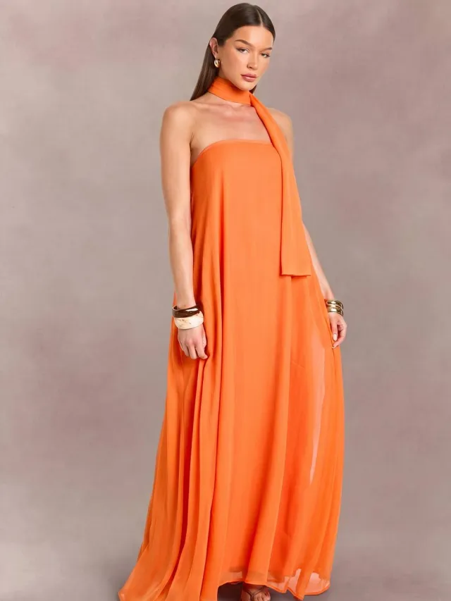 boohoo Dames Maxi-jurk Met Sjaalachtig Detail En Trapeze-model Tot Op De Grond Oranje
