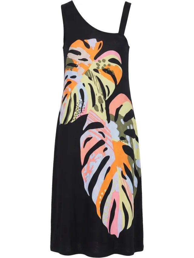 Angel of Style Dames - Jersey maxi-jurk mouwloze A-lijn one-shoulder - Zwart