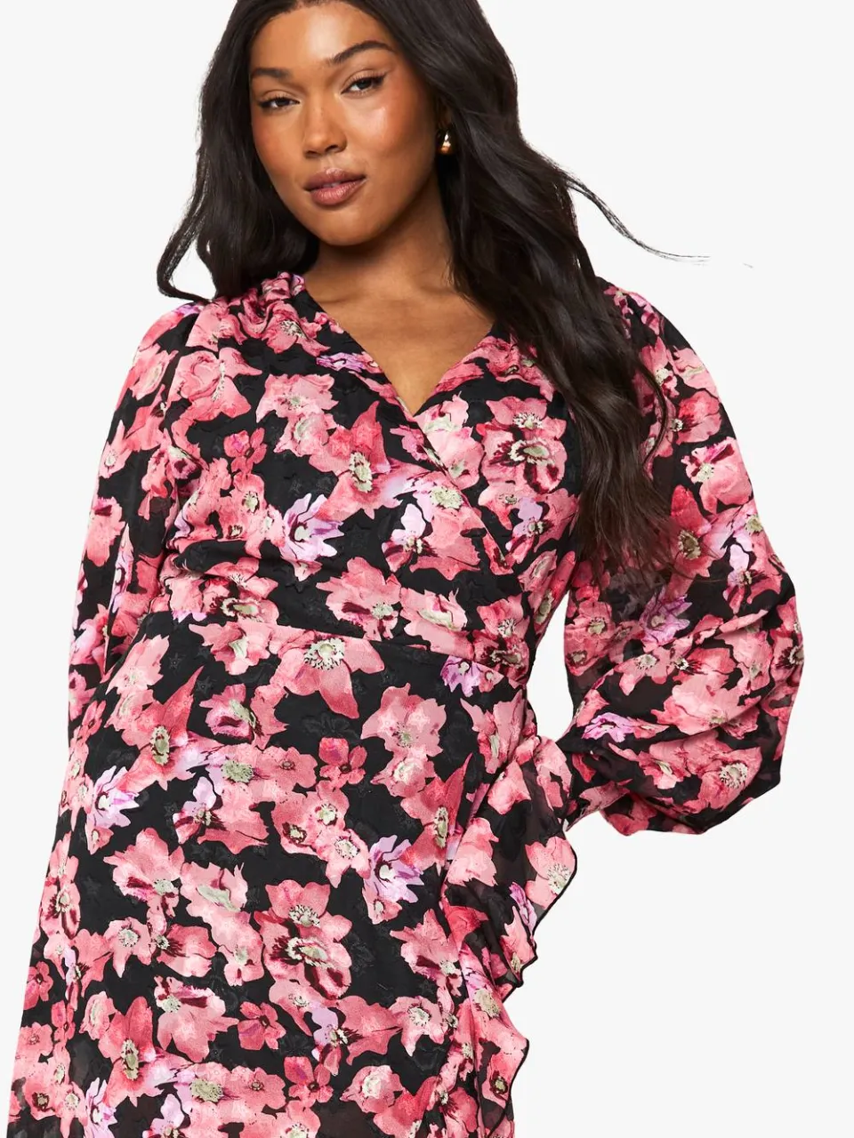 boohoo Dames Plus Floral Ruffle Wrap Maxi Jurk roze, foto 3