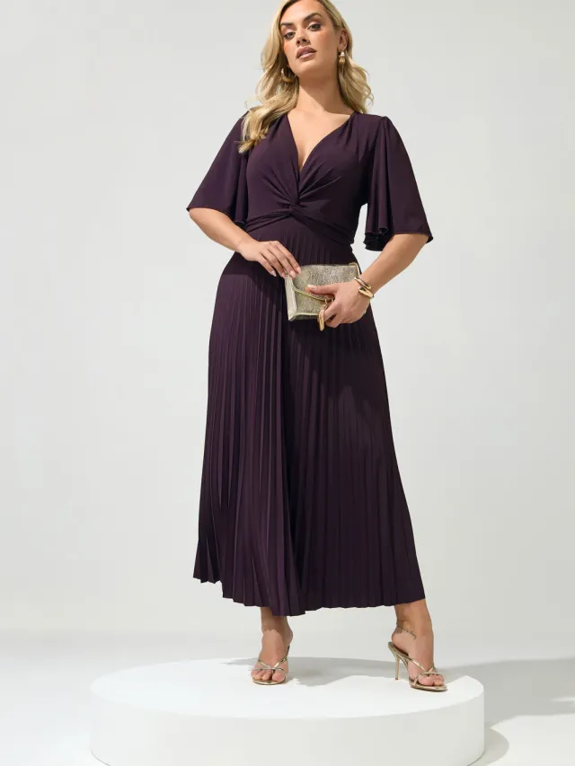 Yours London Donkerpaarse Geplooide Maxijurk Met Knoop Purple