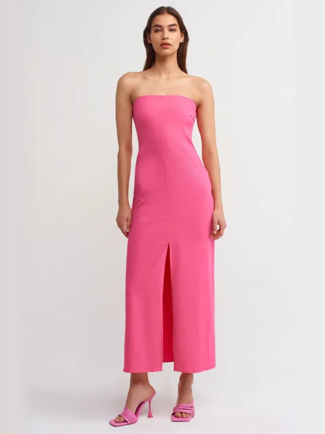 Dilvin Strapless Aansluitende Midi-jurk met Splits Roze