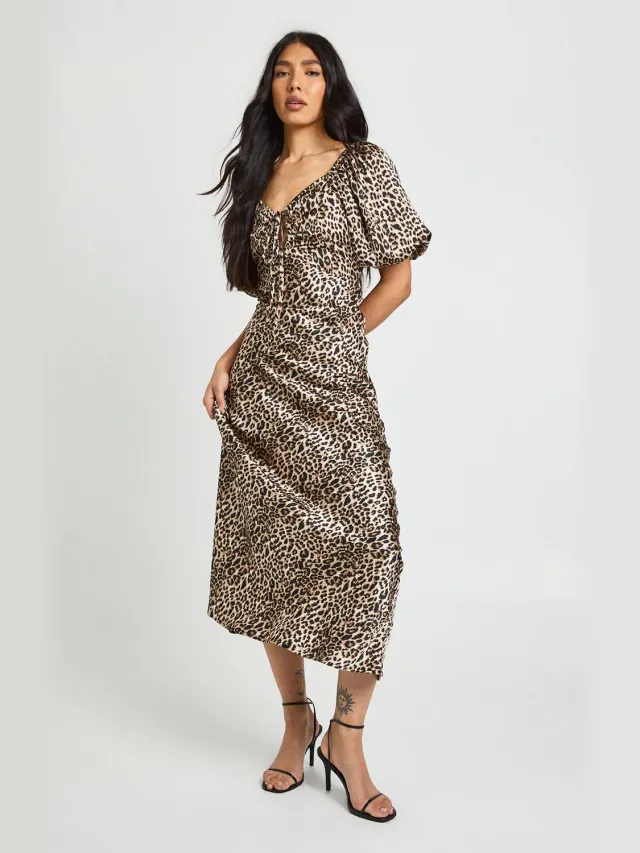 boohoo Dames Lang Luipaardprint Pofmouw Midaxi Jurk Zwart