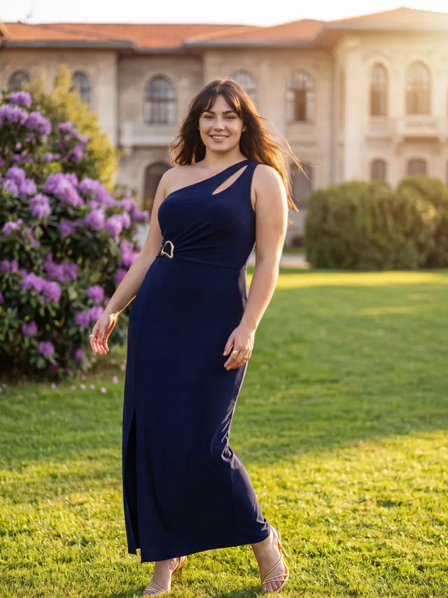 Trendyol Curve Dames Donkerblauw Effen Maxi Mouwloos Stijlvol/Avond Recht Grote maten Jurk marineblauw/blauw, foto 2