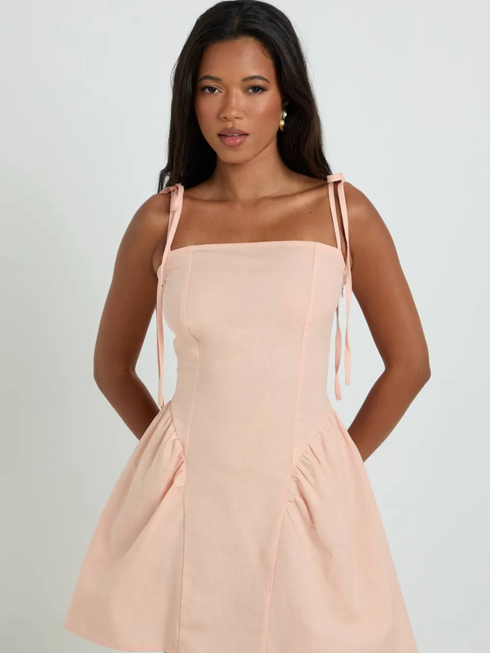 boohoo Dames Linnen Skater Jurk Met Strikbandjes abrikoos, foto 4