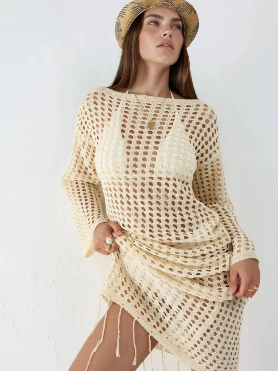 Hiccup 100% Katoenen Cut-Out Maxi Brei Strandjurk naturel, foto 2