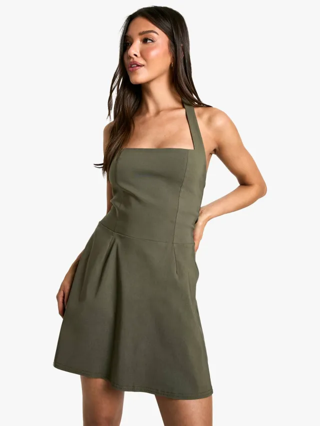 boohoo Dames Bengaline Jurk met Vierkante Hals en Skater Silhouet Kaki