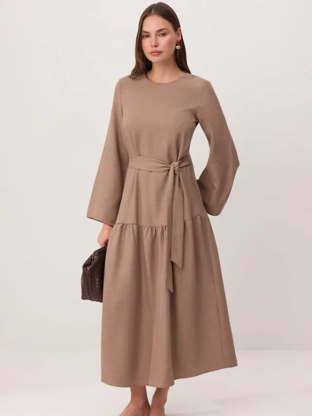 Trendyol Modest Dames Bruin Effen Maxi Lang Casual A-lijn Modest Jurken Taupe
