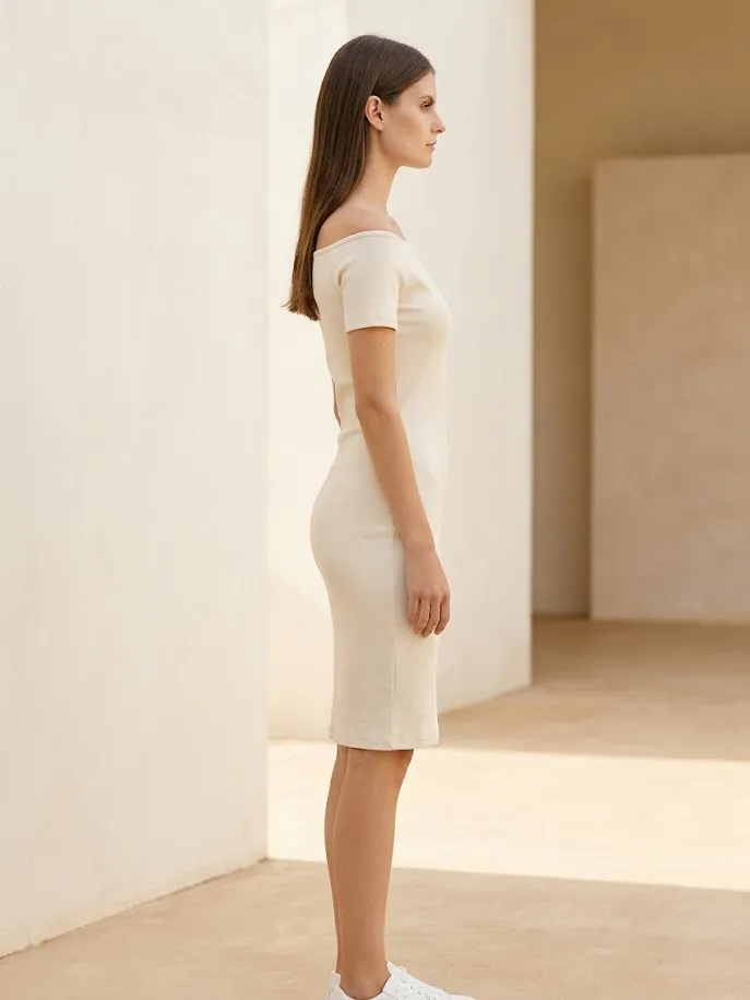 Conquista Off-shoulder geribbelde midi-jurk crème, foto 2