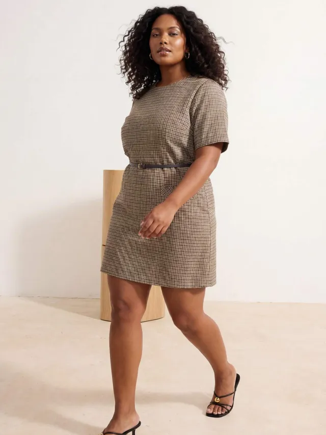 Trendyol Curve Dames Beige Geruit Kort / Mini Kort A-lijn Grote maten Jurk, foto 2