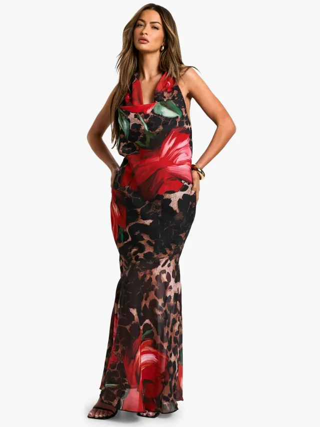 boohoo Dames Leopard Floral Mix Chiffon Halterneck Maxi Jurk Multicolor