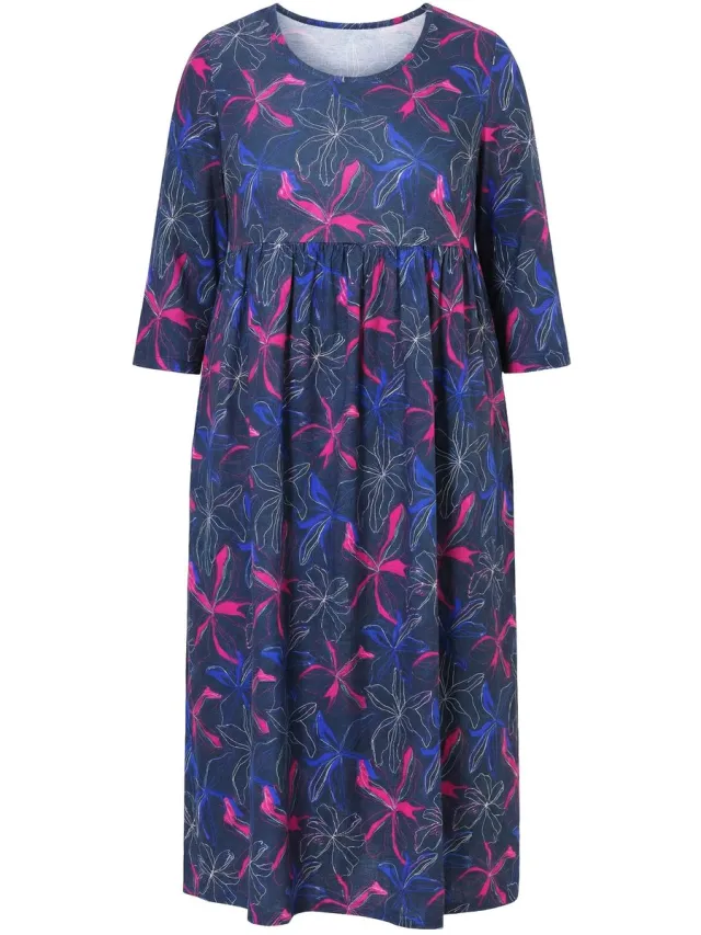 Ulla Popken Dames - Jersey jurk A-lijn ronde hals 3/4-mouwen zakken - Marine - Maat 54+