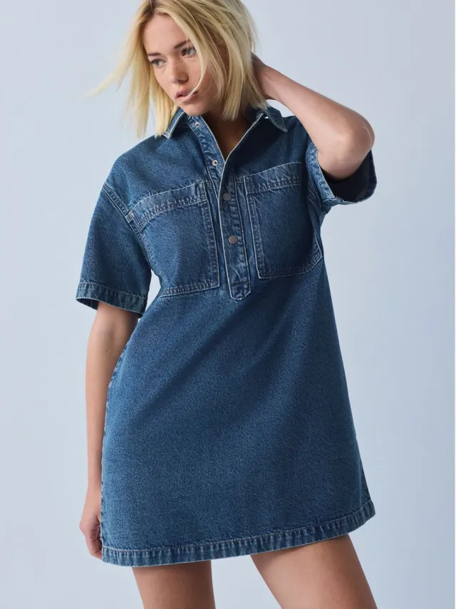 Next Dames - Denim mini-jurk in utlitystijl met korte mouwen, petite - Petite - Blauw Mid Blue