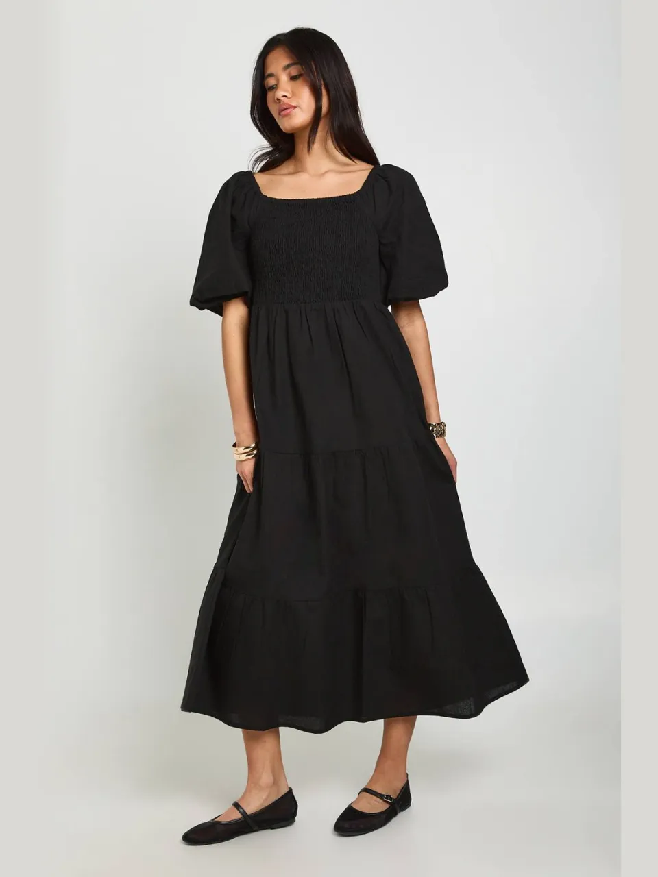 boohoo Dames Linnen-look Jurk Met Volumineuze Mouwen En Gelaagde Midaxi Lengte zwart, foto 3