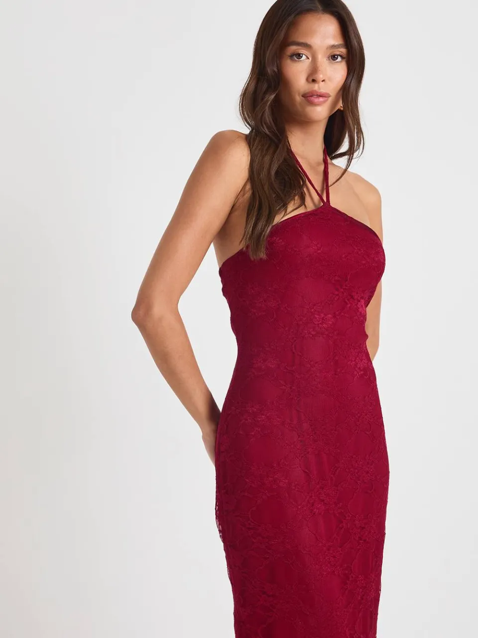 boohoo Dames Kanten halternek maxi-kolomjurk bordeaux rood, foto 2